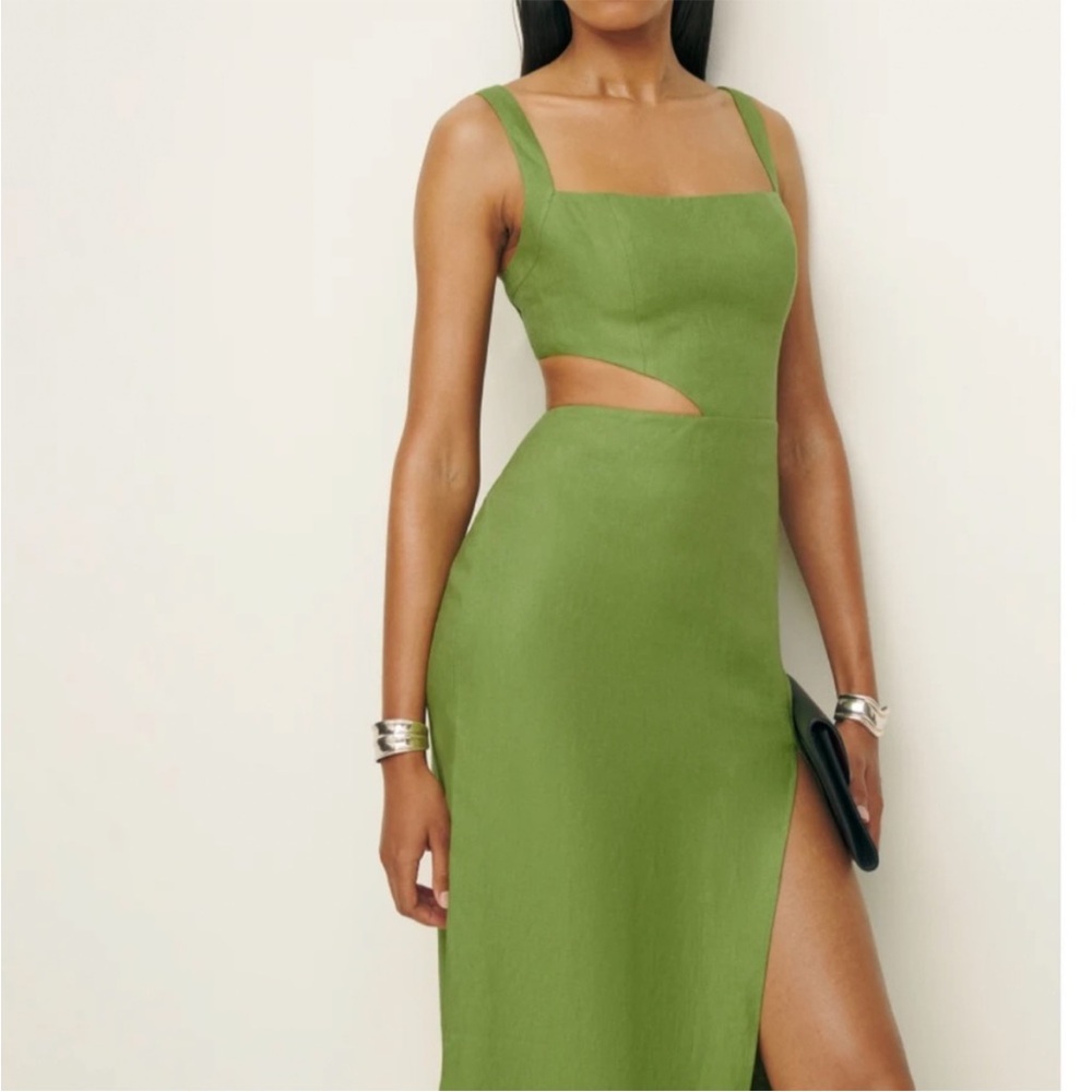 Reformation Asymmetrical Dress in Olive Green